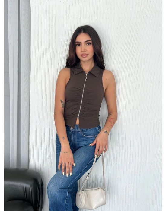 Yakalı Tam Fermuarlı Kolsuz Bluz - Kahverengi