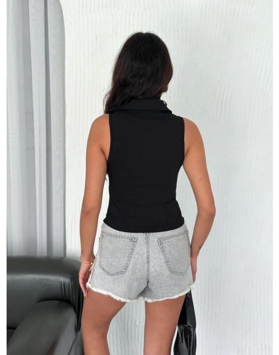 Yakalı Tam Fermuarlı Kolsuz Bluz - Siyah