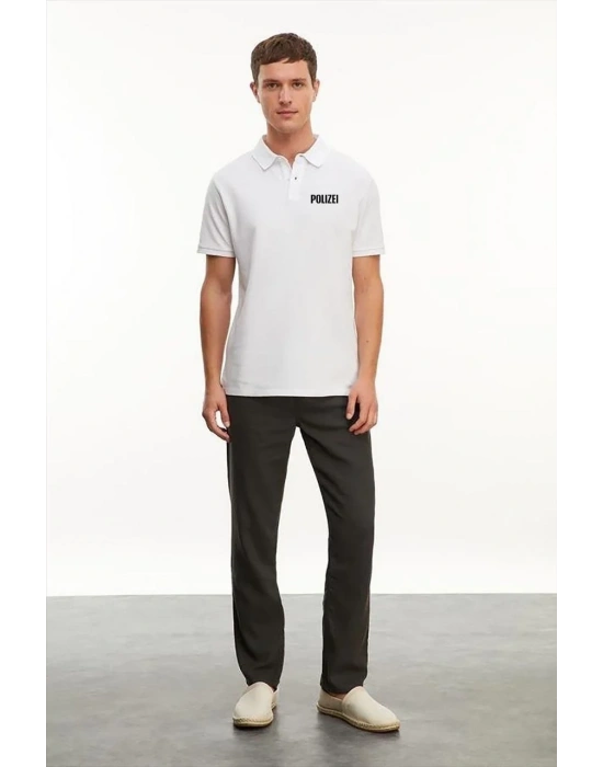 Yakası Düğmeli Yakalı Pike Baskılı T-Shirt - Beyaz