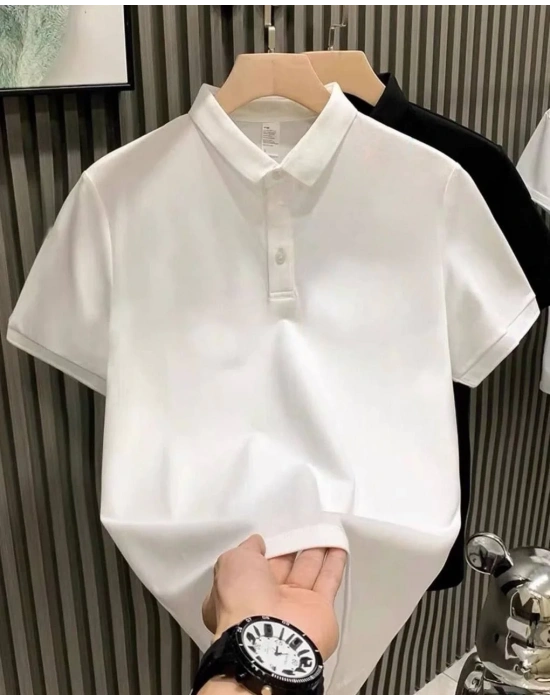 Yakası Düğmeli Yakalı Pike Düz T-Shirt - Beyaz