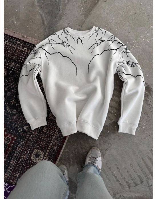 Erkek Yıldırım Baskılı Bisiklet Yaka SweatShirt - Beyaz