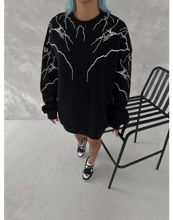 Kadın Yıldırım Baskılı Bisiklet Yaka SweatShirt - Siyah