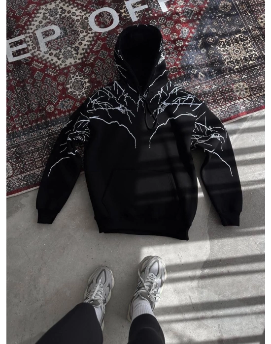 Yıldırım Baskılı Kapşonlu SweatShirt - Siyah