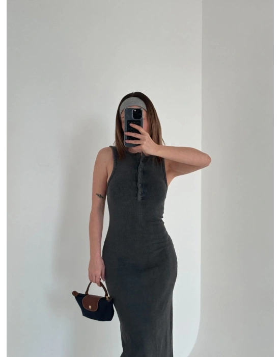 Yırtmaç Detaylı Kolsuz Düğmeli Yıkamalı Uzun Elbise - Antrasit