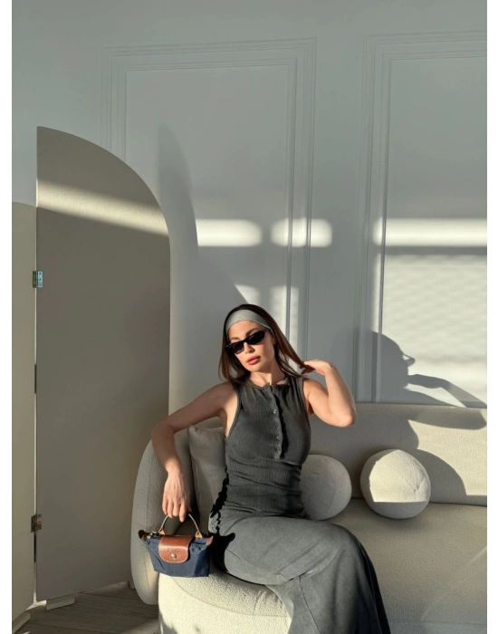 Yırtmaç Detaylı Kolsuz Düğmeli Yıkamalı Uzun Elbise - Antrasit