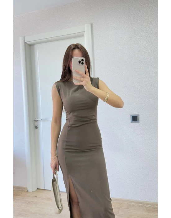 Yırtmaç Detaylı Sırtlı Kapalı Yandan Derin Yırtmaç Detaylı Kolsuz Elbise - Antrasit