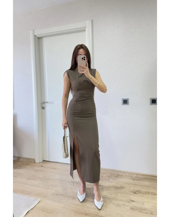 Yırtmaç Detaylı Sırtlı Kapalı Yandan Derin Yırtmaç Detaylı Kolsuz Elbise - Antrasit