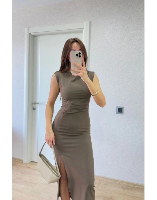 Yırtmaç Detaylı Sırtlı Kapalı Yandan Derin Yırtmaç Detaylı Kolsuz Elbise - Antrasit