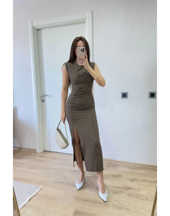 Yırtmaç Detaylı Sırtlı Kapalı Yandan Derin Yırtmaç Detaylı Kolsuz Elbise - Antrasit