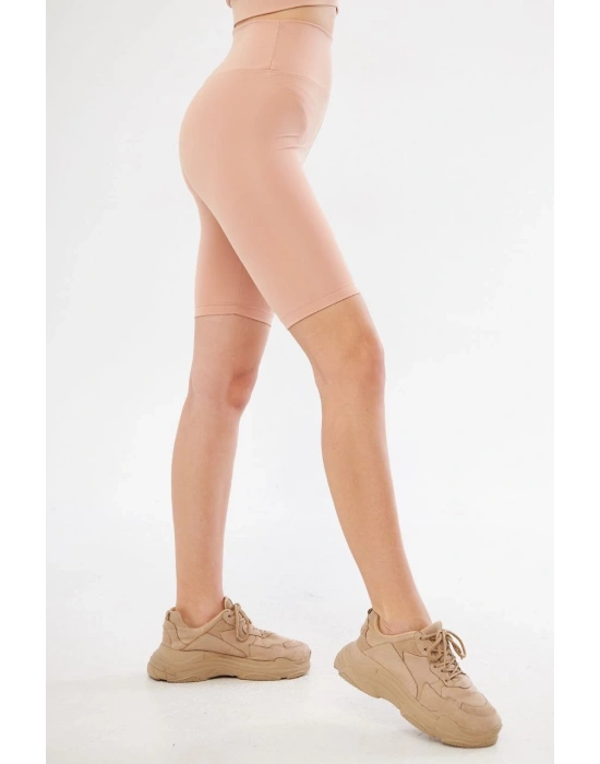 Yüksek Bel Biker Sporcu Şort - Bej