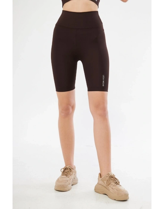 Yüksek Bel Biker Sporcu Şort - Kahve