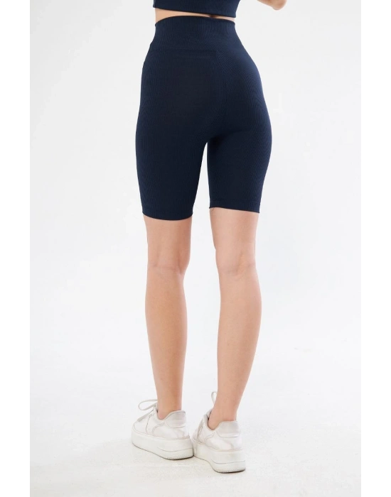 Yüksek Bel Fitilli Biker Baskılı Şort - Lacivert