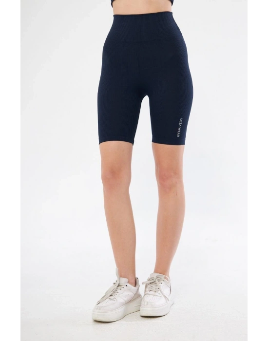 Yüksek Bel Fitilli Biker Baskılı Şort - Lacivert
