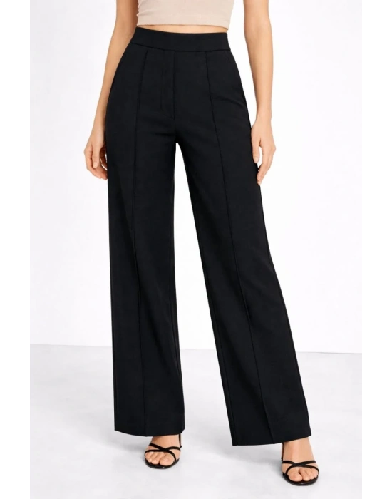 Yüksek Bel Palazzo Pantolon Çima Dikişli Bol Paça Akıcı ve Ofis Şıklığı Kadın - Siyah