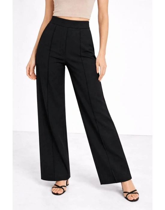 Yüksek Bel Palazzo Pantolon Çima Dikişli Bol Paça Akıcı ve Ofis Şıklığı Kadın - Siyah