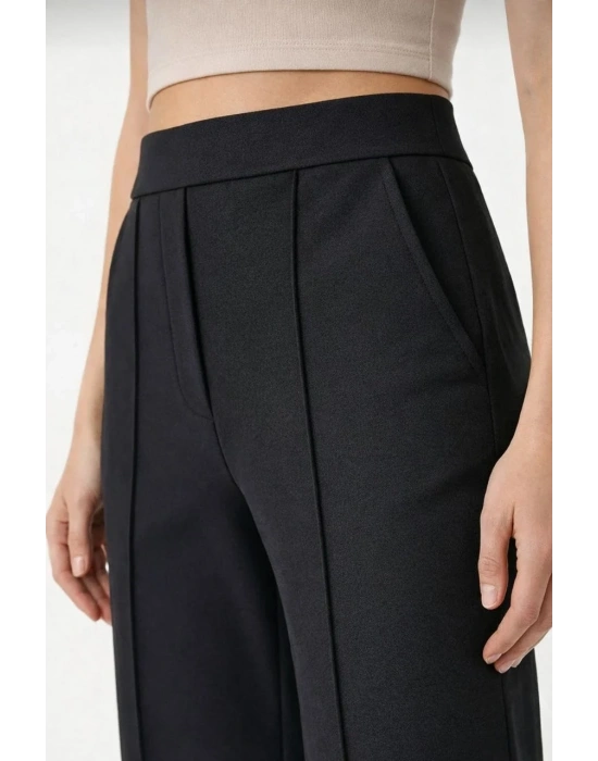 Yüksek Bel Palazzo Pantolon Çima Dikişli Bol Paça Akıcı ve Ofis Şıklığı Kadın - Siyah
