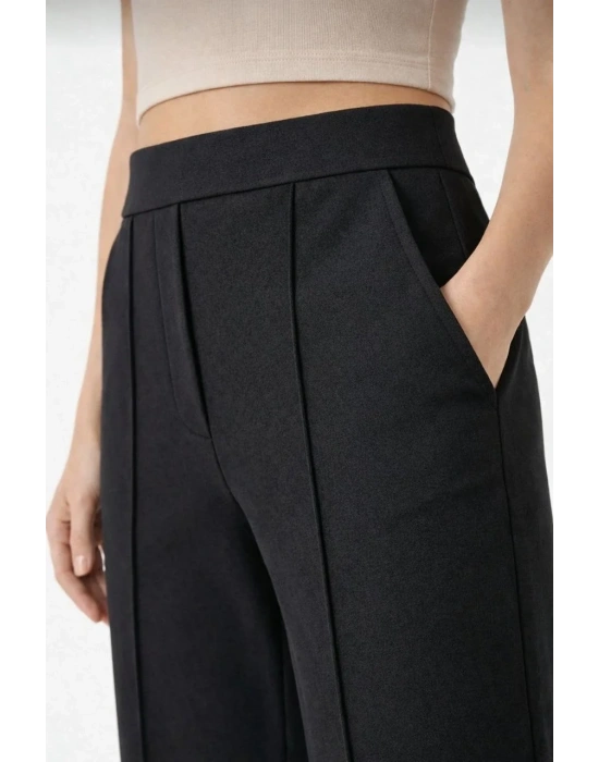 Yüksek Bel Palazzo Pantolon Çima Dikişli Bol Paça Akıcı ve Ofis Şıklığı Kadın - Siyah