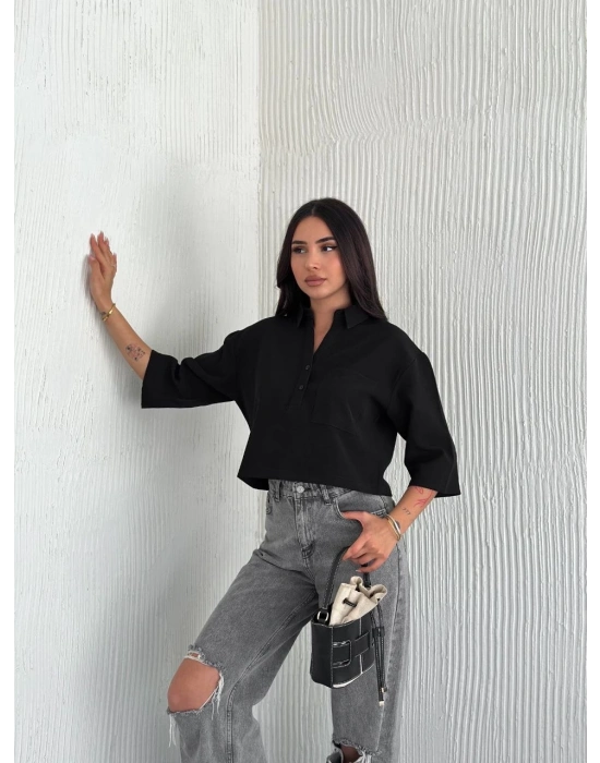 Z Krep Kadın Crop Yakalı Gömlek İlik Düğmeli Üç Çeyrek Sleeve Kol - Siyah