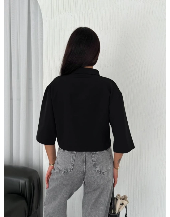 Z Krep Kadın Crop Yakalı Gömlek İlik Düğmeli Üç Çeyrek Sleeve Kol - Siyah