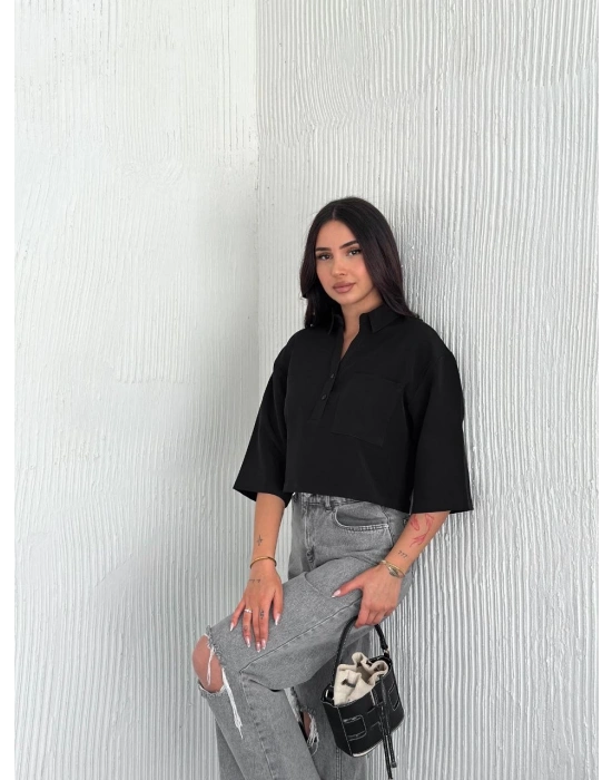 Z Krep Kadın Crop Yakalı Gömlek İlik Düğmeli Üç Çeyrek Sleeve Kol - Siyah