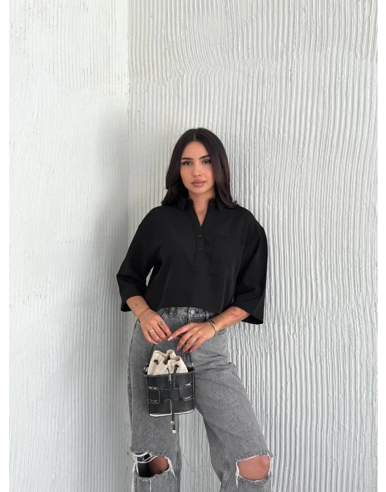 Z Krep Kadın Crop Yakalı Gömlek İlik Düğmeli Üç Çeyrek Sleeve Kol - Siyah