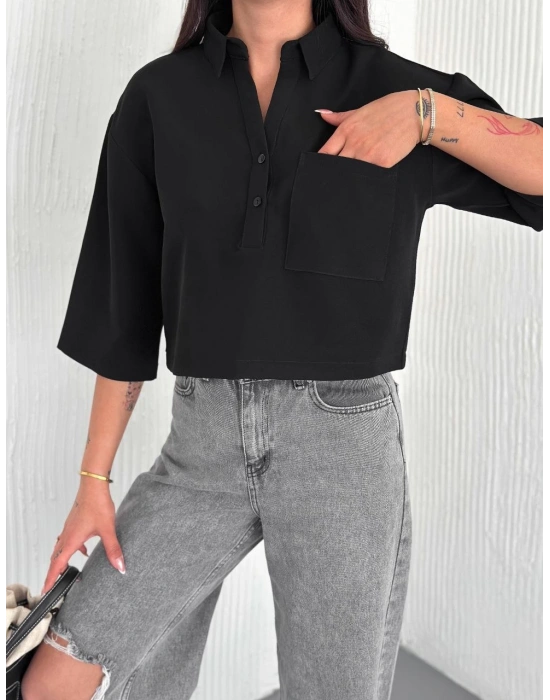 Z Krep Kadın Crop Yakalı Gömlek İlik Düğmeli Üç Çeyrek Sleeve Kol - Siyah