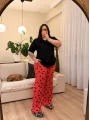 V Yaka Geniş Kesim Esnek Pamuklu Pijama Takımı - Siyah Kalpli