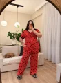Düğmeli Geniş Kesim Esnek Pamuklu Pijama Takımı - Kırmızı Kalpli