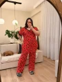 Düğmeli Geniş Kesim Esnek Pamuklu Pijama Takımı - Kırmızı Kalpli