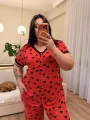 Düğmeli Geniş Kesim Esnek Pamuklu Pijama Takımı - Kırmızı Kalpli