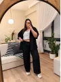 Desenli Esnek Kimono Takım - Siyah