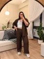 Desenli Esnek Kimono Takım - Kahverengi