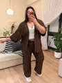 Desenli Esnek Kimono Takım - Kahverengi