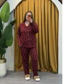 Düğmeli Esnek Pijama Takımı - Bordo Kalpli