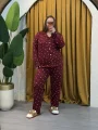 Düğmeli Esnek Pijama Takımı - Bordo Kalpli