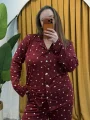 Düğmeli Esnek Pijama Takımı - Bordo Kalpli
