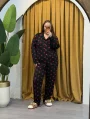 Düğmeli Esnek Pijama Takımı - Siyah Kalpli