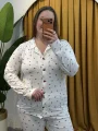 Düğmeli Esnek Pijama Takımı - Beyaz Kiraz Desenli