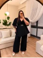 Kısa Kol Kruvaze Yaka Aksesuarlı Krep Takım - Siyah