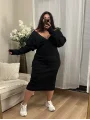 Kruvaze Yaka Esnek Triko Elbise - Siyah