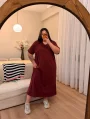 V Yaka Geniş Kesim Esnek Tişört Elbise - Bordo