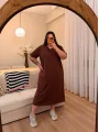 V Yaka Geniş Kesim Esnek Tişört Elbise - Kahverengi