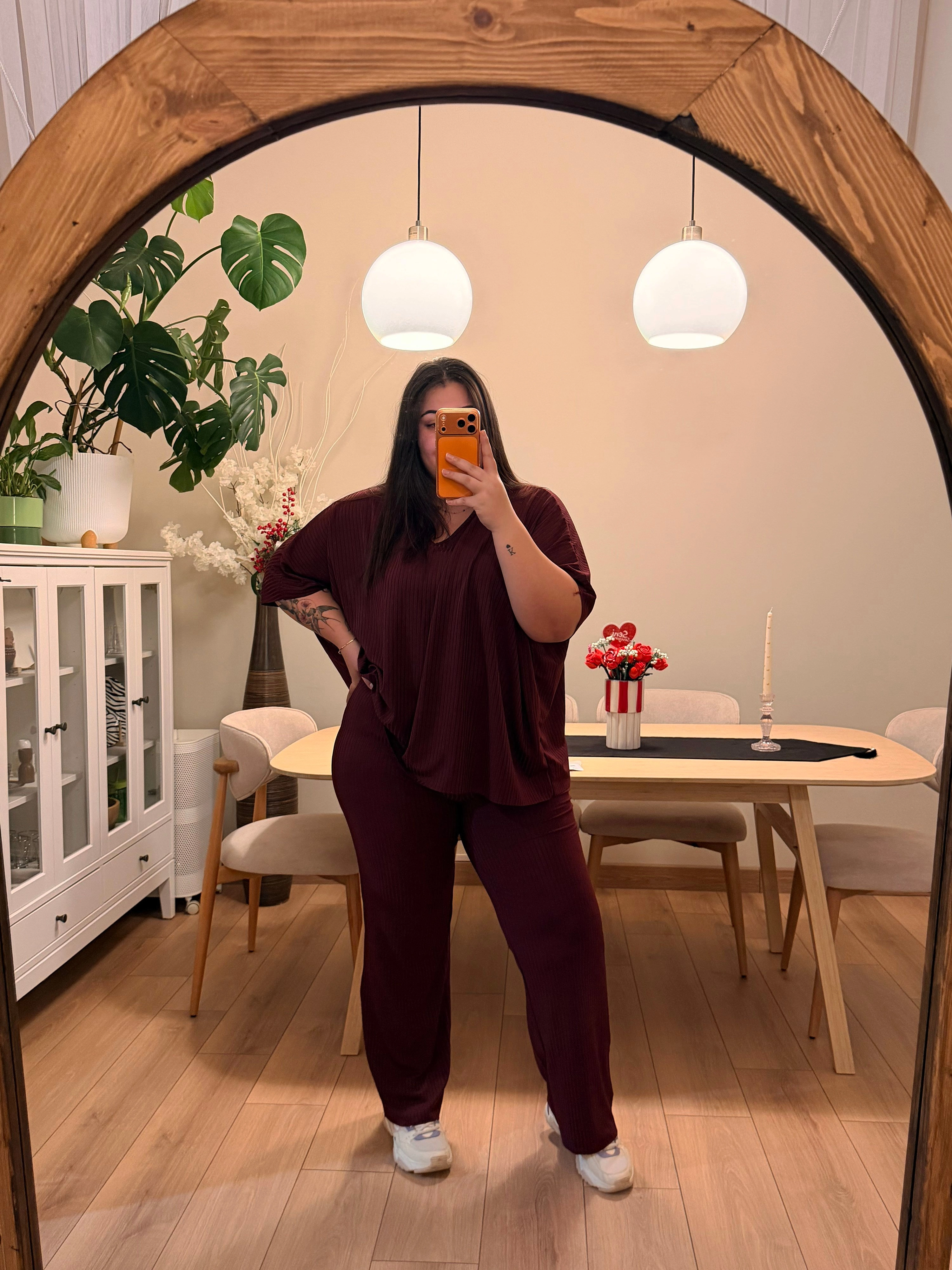 V Yaka Yarasa Kol Esnek Fitilli Takım - Bordo