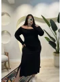 Yırtmaçlı Madonna Yaka Esnek Penye Elbise - Siyah