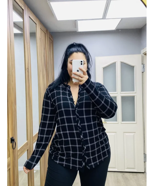 Likralı Pamuklu Penye Gömlek - Kareli