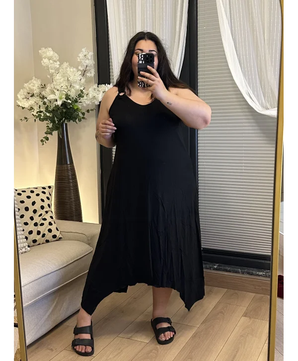 Askılı Asimetrik Kesim Penye Elbise - Siyah