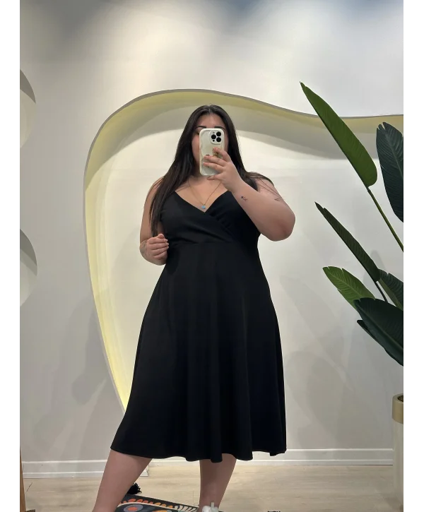 Askılı Kruvaze Esnek Burgu Elbise - Siyah