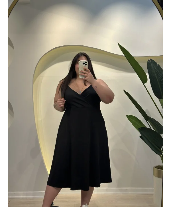 Askılı Kruvaze Esnek Burgu Elbise - Siyah