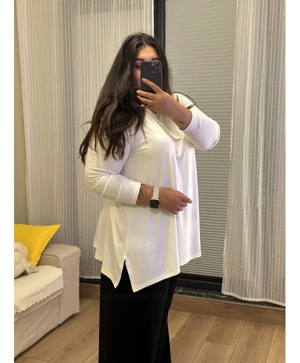Basic Asimetrik Modal Kumaş Esnek Bluz - Beyaz