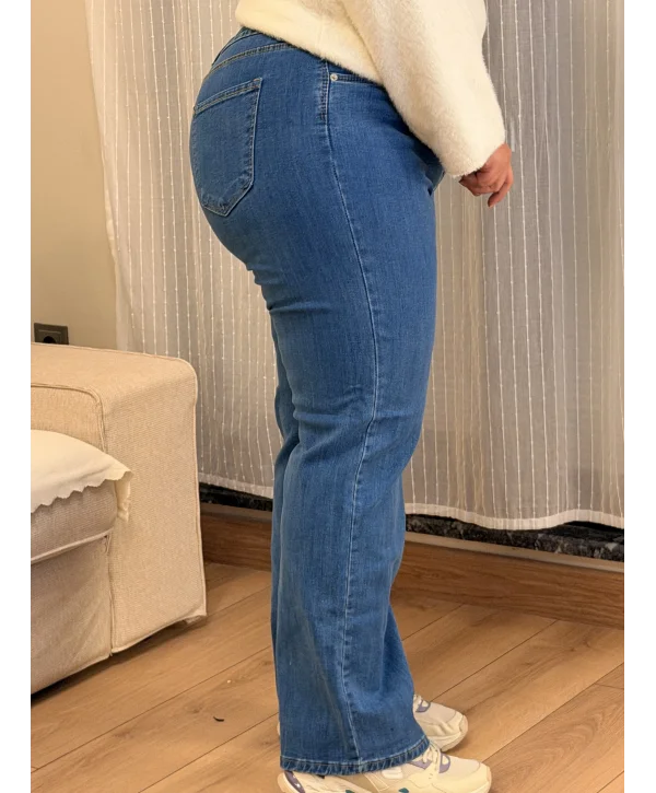 Bel Lastik Detaylı Likralı Boru Paça Kot Pantolon - Mavi